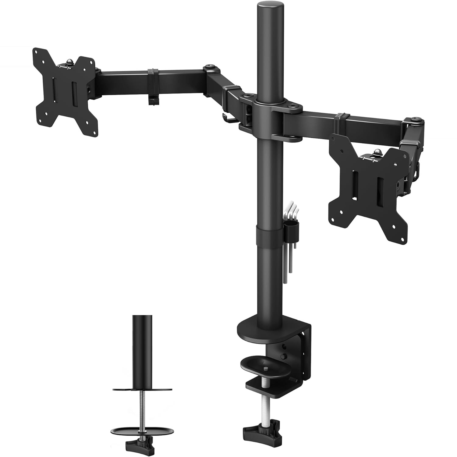 Monitorhalterung fuer zwei Monitore, schwarz Schwarze Doppelarm-Monitorhalterung aus Stahl mit Tischklemme und zwei VESA-Platten