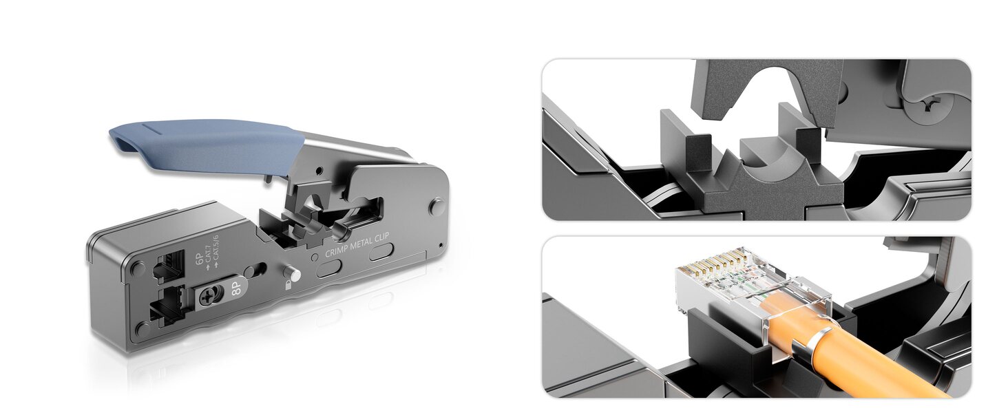 Pass-Through-Crimpzange mit Abschneideklinge, Adern werden durch den Stecker gefuehrt und buendig abgeschnitten