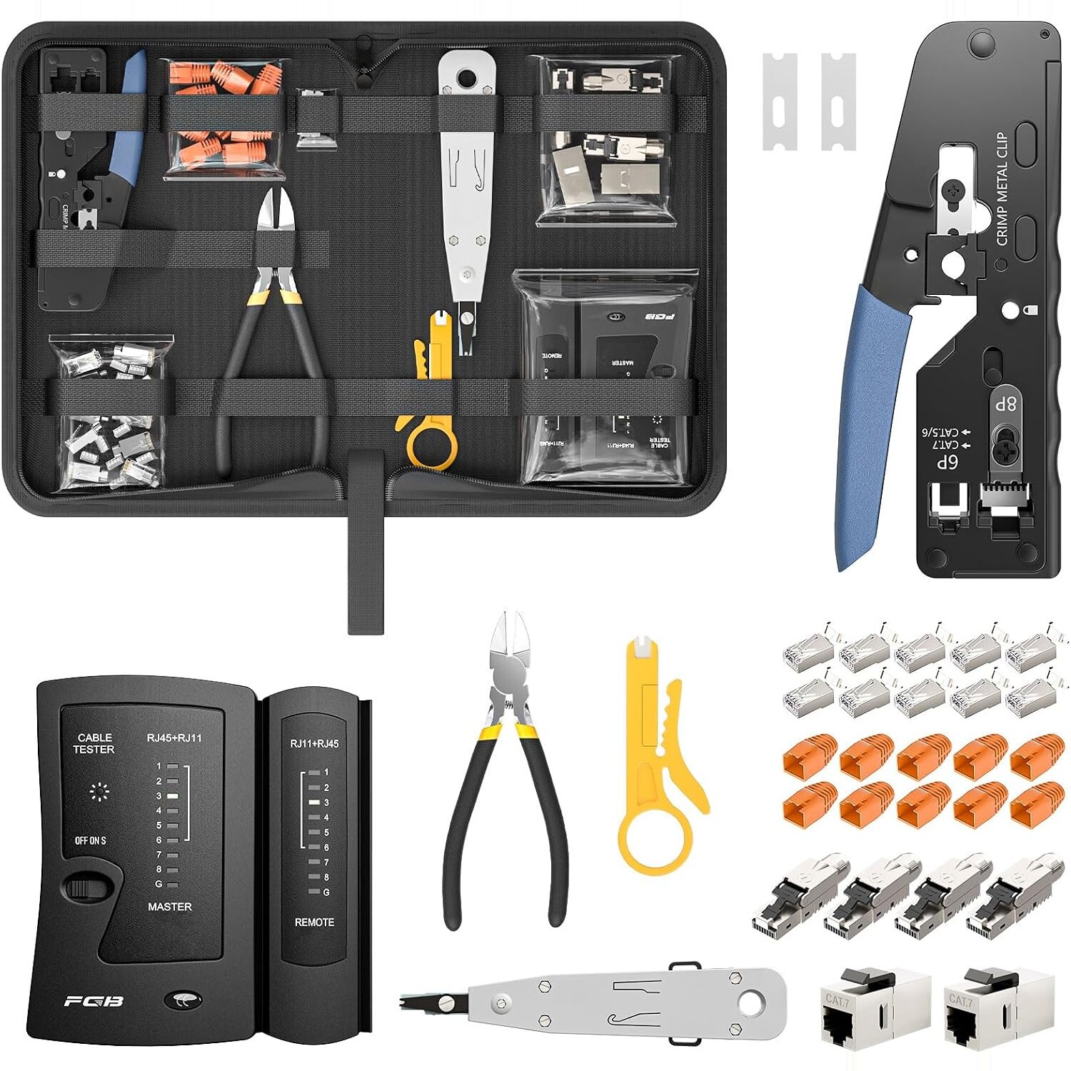 Geoeffnete Werkzeugtasche mit Pass-Through-Crimpzange, Kabeltester, LSA-Werkzeug, Abisolierer, Seitenschneider, CAT7-Steckern und Keystone-Modulen