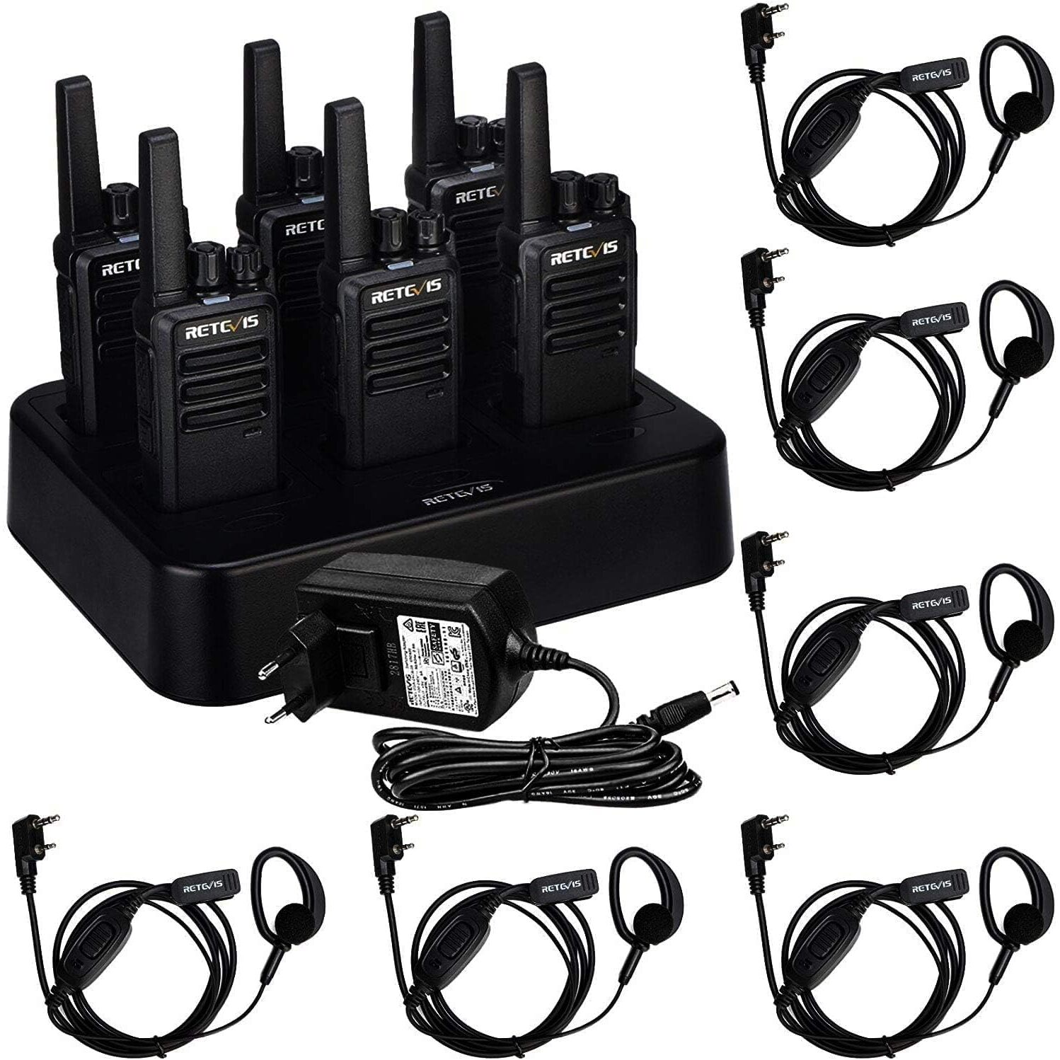 Retevis RT668 Funkgeräte-Set 6 Stück | PMR446 lizenzfrei, 6-fach-Ladestation, Headsets – Ansicht 1 Retevis RT668 Funkgeräte-Set mit sechs Geräten und Sechsfach-Ladestation