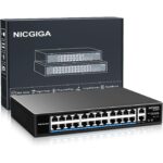 Schwarzer 19-Zoll-PoE-Switch NICGIGA FS2420GP mit 24 PoE-Ports und zwei Uplink-Ports an der Frontseite.