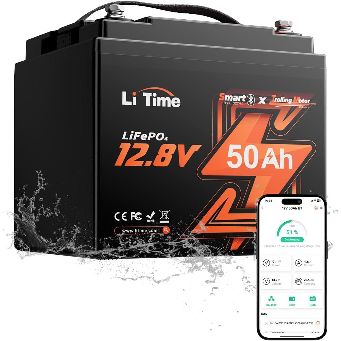 LiTime 12V 50Ah LiFePO4-Akku mit Bluetooth – Marine-Ausführung – Ansicht 1 LiTime 12V 50Ah LiFePO4-Akku mit Bluetooth