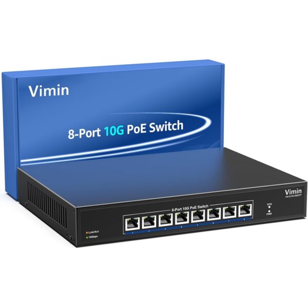 Schwarzer VIMIN 10-Gigabit-PoE-Switch mit acht RJ45-Ports im Metallgehäuse, Frontansicht.