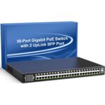 Schwarzer 19-Zoll-PoE-Switch VIMIN VM-GS4802P mit 48 Gigabit-Ports und zwei SFP-Uplinks an der Frontseite.