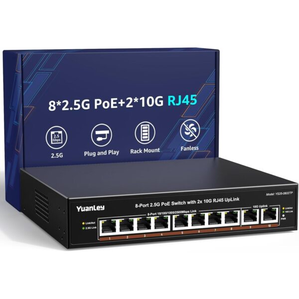 Schwarzer YuanLey 2,5-Gigabit-PoE-Switch mit acht PoE-Ports und zwei 10-Gigabit-Uplinks im lüfterlosen Metallgehäuse.
