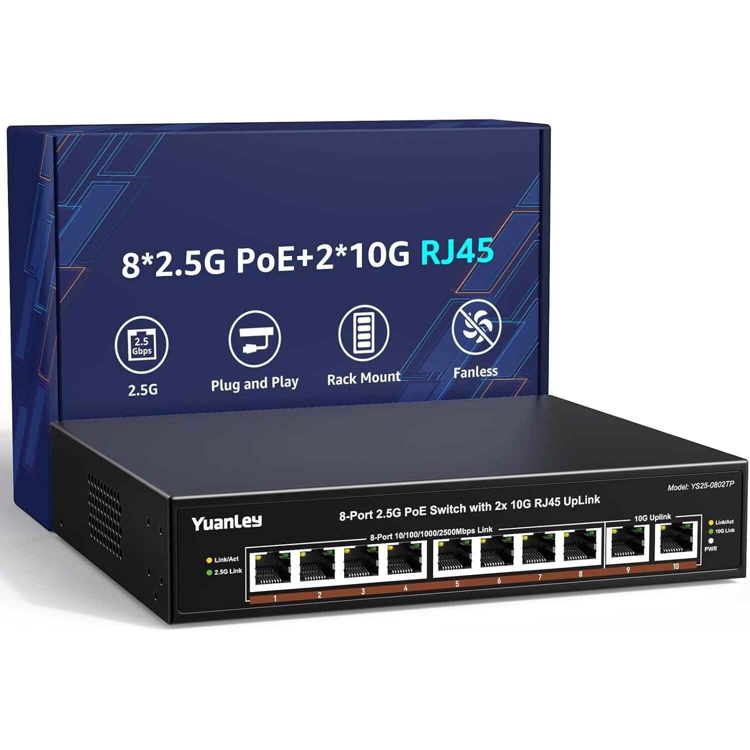 YuanLey YS25-0802TP 2,5G-PoE-Switch | 8 PoE-Ports, 120 W, 2 x 10G-Uplink – Ansicht 1 Schwarzer YuanLey 2,5-Gigabit-PoE-Switch mit acht PoE-Ports und zwei 10-Gigabit-Uplinks im lüfterlosen Metallgehäuse.