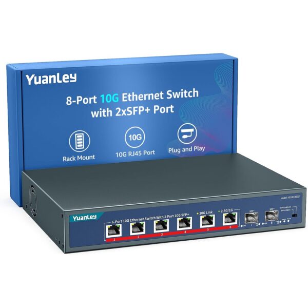 YuanLey Netzwerk-Switch im Metallgehäuse mit sechs RJ45-Anschlüssen und zwei SFP+-Steckplätzen an der Frontseite.