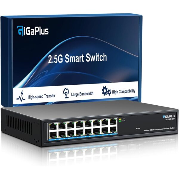 GiGaPlus S25-1600 Netzwerk-Switch im schwarzen Metallgehäuse mit 16 RJ45-Anschlüssen in einer Reihe an der Frontseite.