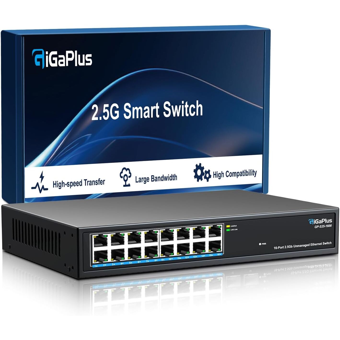 GiGaPlus S25-1600 2,5G-Switch | 16x RJ45 mit 2,5 Gbit/s, lüfterlos, unmanaged – Ansicht 1 GiGaPlus S25-1600 Netzwerk-Switch im schwarzen Metallgehäuse mit 16 RJ45-Anschlüssen in einer Reihe an der Frontseite.