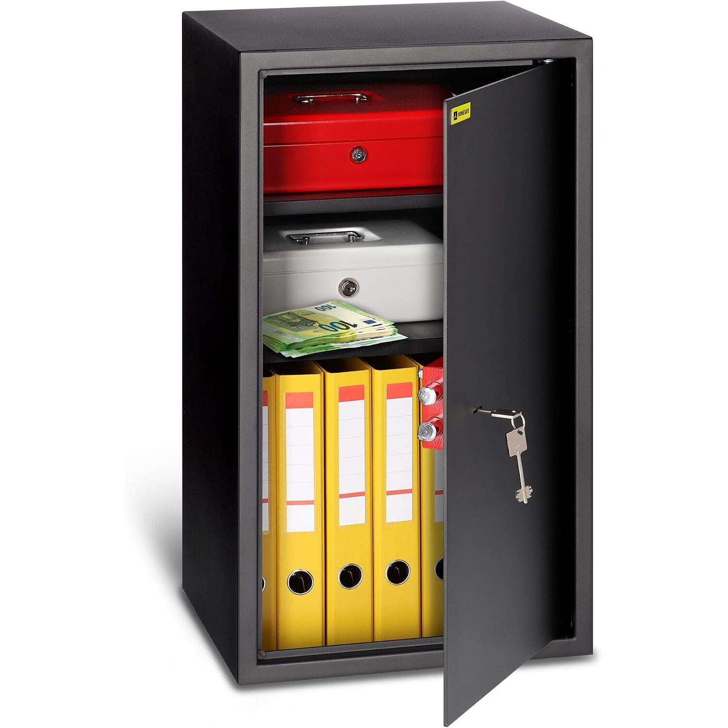 HomeSafe HV70K Möbeltresor | Doppelbart-Schlüsselschloss, 70x40x36 cm, 2 Einlegeböden – Ansicht 1 Schwarzer HomeSafe HV70K Möbeltresor mit Doppelbart-Schlüsselschloss und zwei Einlegeböden.
