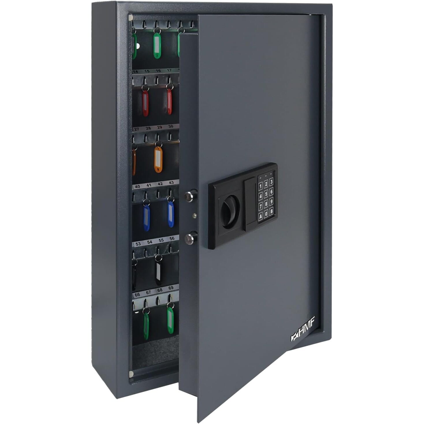 HMF 2133-11 Schlüsseltresor | Elektronikschloss, 132 Haken, 66,5x43x13 cm – Ansicht 1 Anthrazitfarbener HMF Schlüsseltresor 2133-11 mit Zahlentastatur und nummerierten Schlüsselhaken im Inneren.