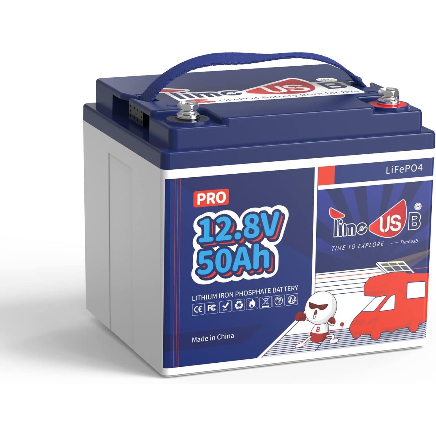 Timeusb 12V 50Ah LiFePO4-Akku – 4000 bis 15000 Ladezyklen, M8-Anschluss – Ansicht 1 Timeusb 12V 50Ah LiFePO4-Akku mit M8-Anschluss