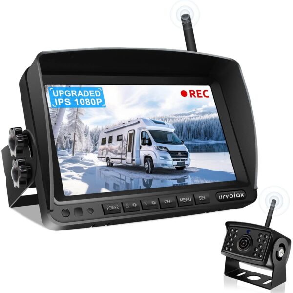 Set aus 7-Zoll-Monitor mit Halterung und schwarzer Funk-Rückfahrkamera URVOLAX UR61X.