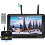 Kabellose Rückfahrkamera URVOLAX UR65X mit magnetischer Basis neben dem 7-Zoll-Monitor mit Sonnenschirm.
