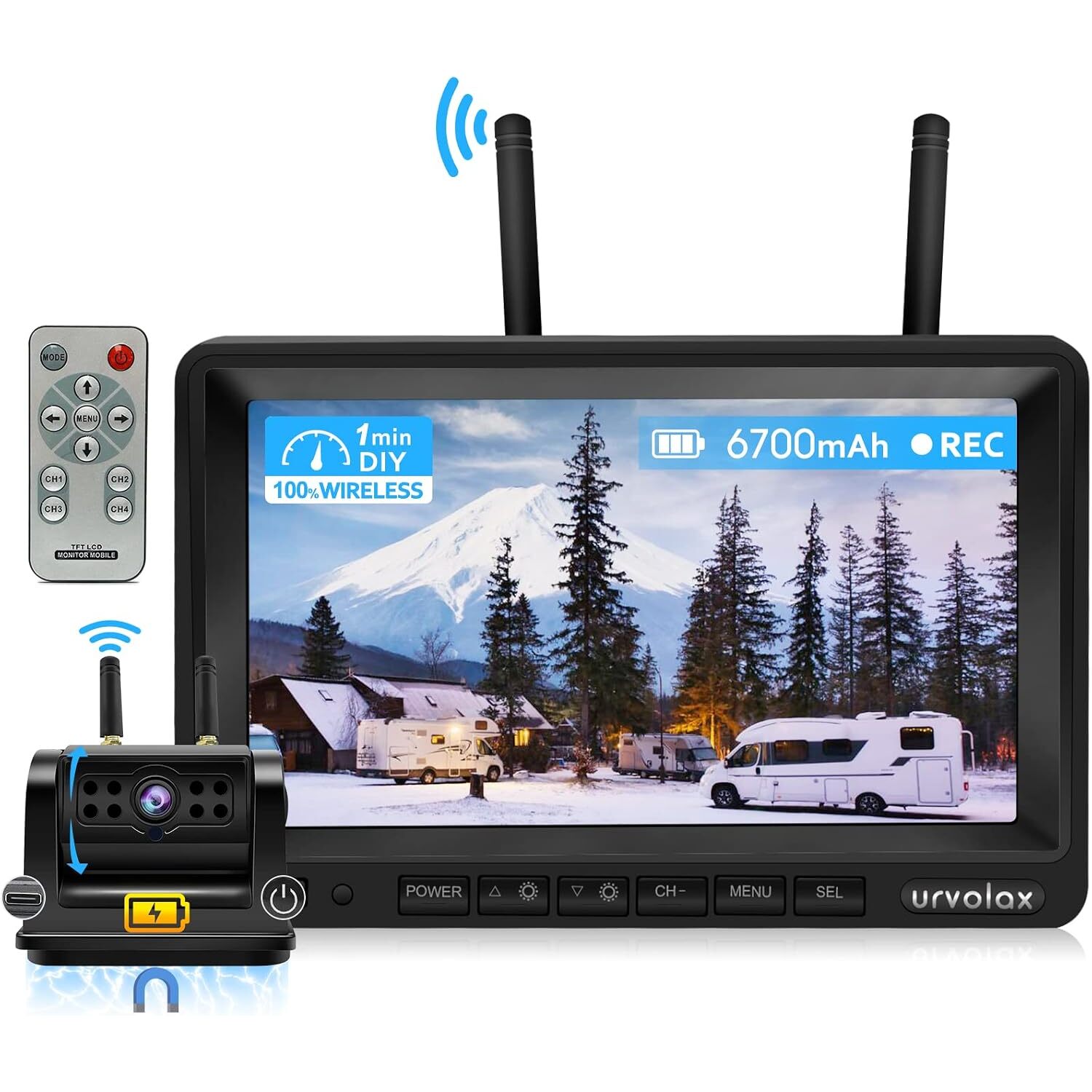 URVOLAX UR65X Funk-Rückfahrkamera mit Akku | 6700 mAh, Magnetfuss, 7-Zoll-Monitor – Ansicht 1 Kabellose Rückfahrkamera URVOLAX UR65X mit magnetischer Basis neben dem 7-Zoll-Monitor mit Sonnenschirm.