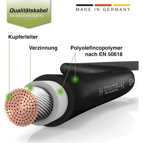 Aufgerolltes Solarkabel in Rot und Schwarz mit ab Werk montierten Solarsteckern an beiden Enden.