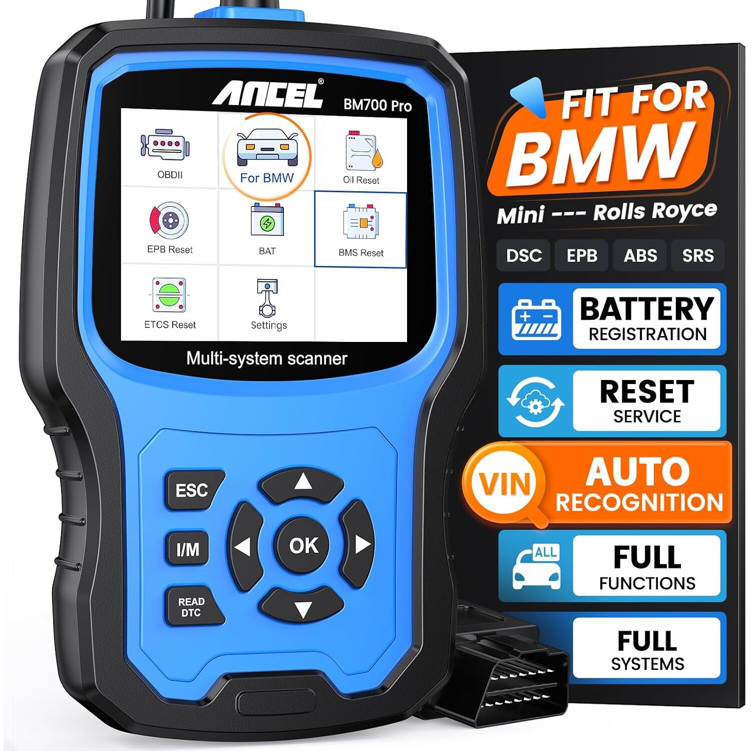 ANCEL BM700Pro OBD2-Diagnosegerät | für BMW, MINI und Rolls-Royce, Systemdiagnose – Ansicht 1 Handgerät ANCEL BM700Pro zur Fahrzeugdiagnose mit Display, Frontansicht.