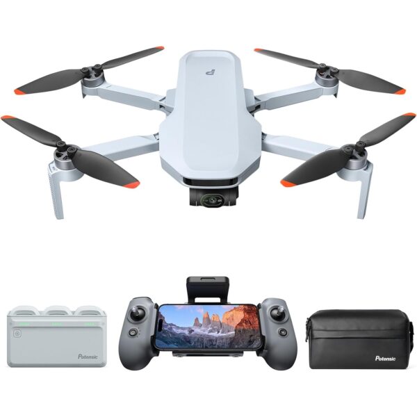 Potensic ATOM 2 Kameradrohne in Hellgrau mit 3-Achsen-Gimbal-Kamera an der Front.
