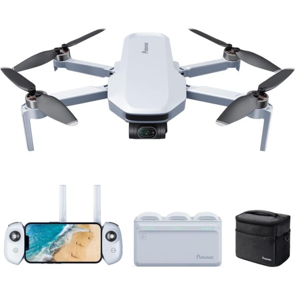 Potensic ATOM Kameradrohne in Hellgrau mit bürstenlosem 3-Achsen-Gimbal unter der Front.