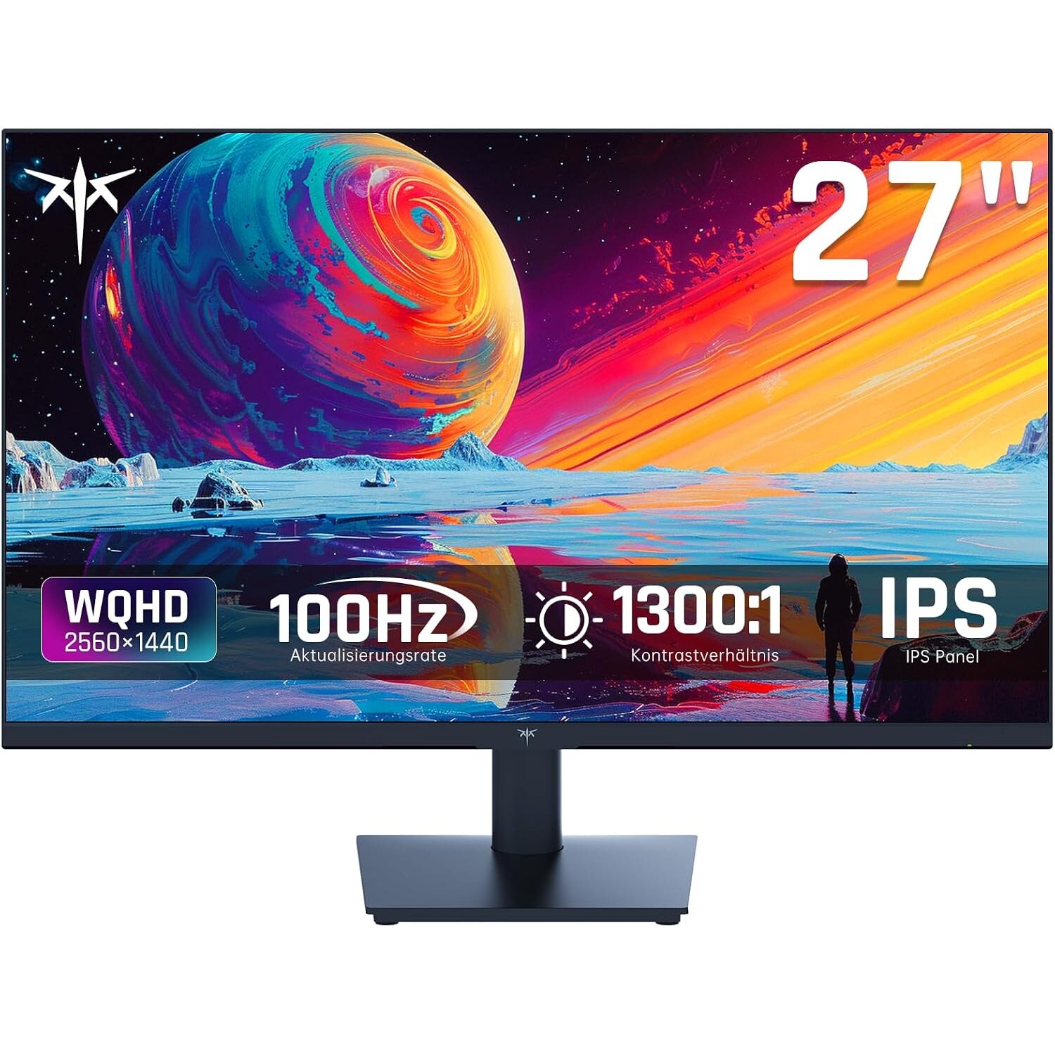 KTC H27D9 27-Zoll-Monitor | QHD 2560×1440, 100 Hz (OC 120 Hz), IPS – Ansicht 1 KTC H27D9: schwarzer 27-Zoll-Monitor mit schmalem Rahmen auf dem mitgelieferten Standfuss, Frontansicht.