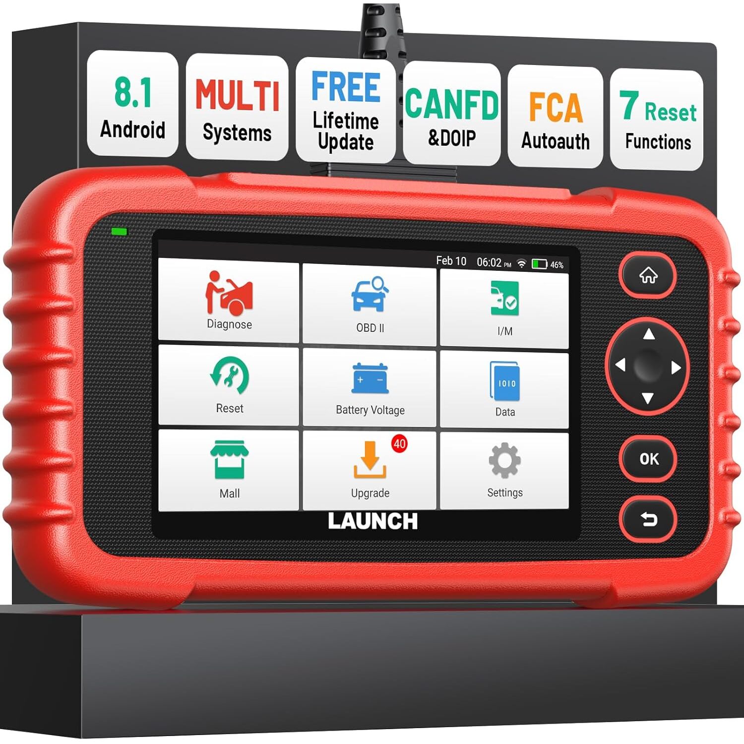 LAUNCH CRP123X V2.0 OBD2-Diagnosegerät | 4 Systeme, 7 Rückstellfunktionen, 5-Zoll-Display – Ansicht 1 LAUNCH CRP123X V2.0 OBD2-Diagnosegerät als Handgerät mit 5-Zoll-Display, Frontansicht.