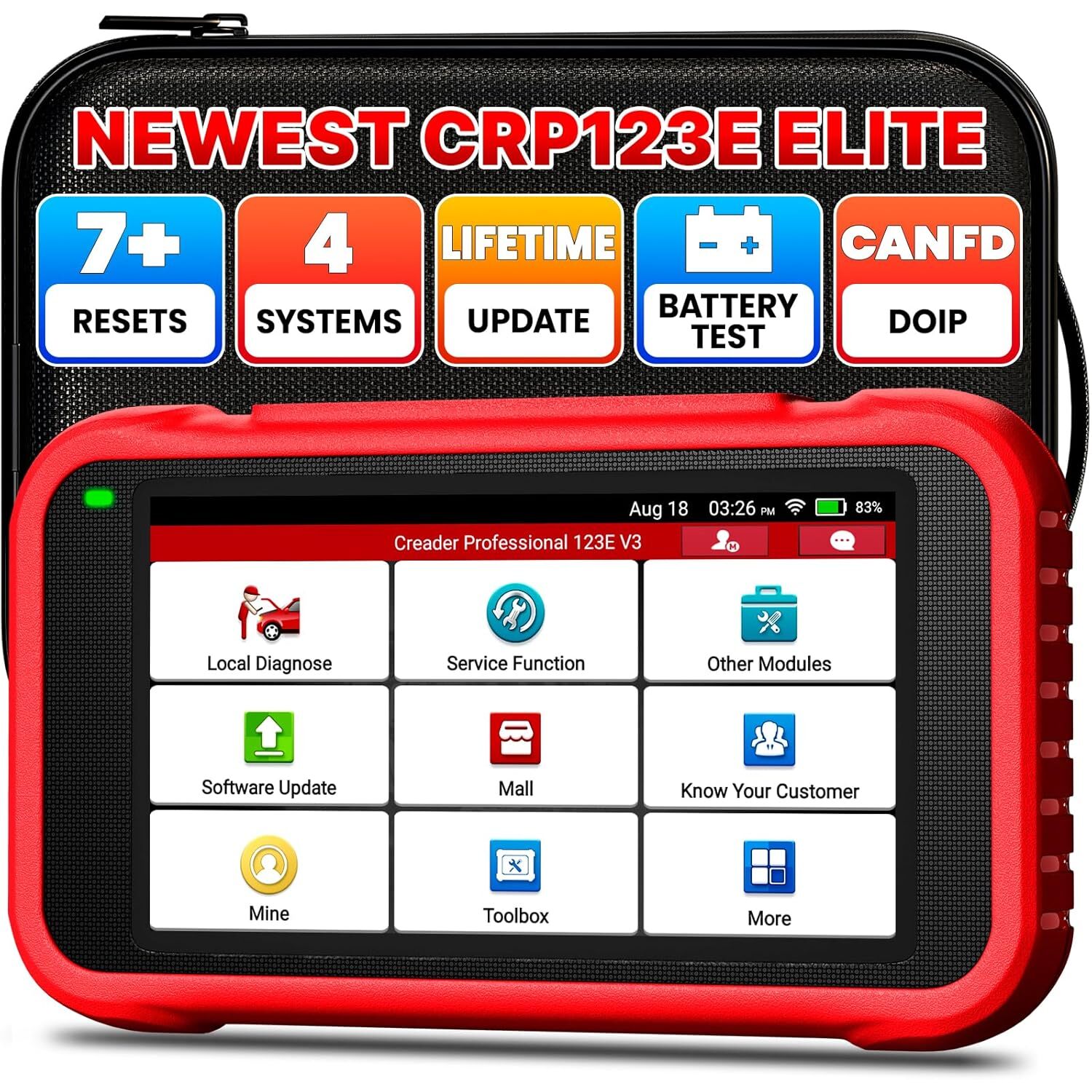 LAUNCH CRP123E V3.0 OBD2-Diagnosegerät | 4 Systeme, 7 Reset-Funktionen, 5-Zoll-Display – Ansicht 1 LAUNCH CRP123E V3.0 OBD2-Diagnosegerät mit 5-Zoll-Display und OBD2-Anschlusskabel.