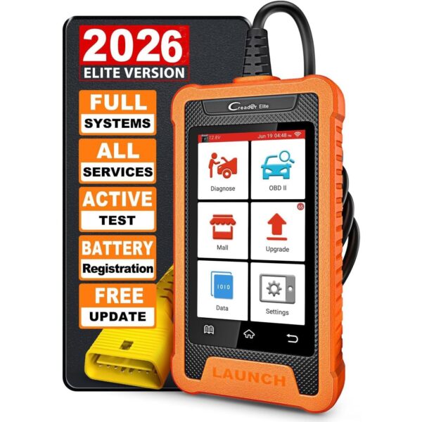 LAUNCH Creader Elite Diagnosegerät mit 4-Zoll-Touchscreen und angeschlossenem Diagnosekabel.