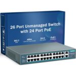 YuanLey 26 Port PoE-Switch im Metallgehäuse mit 24 PoE-Ports und zwei Gigabit-Uplinks auf der Frontseite.