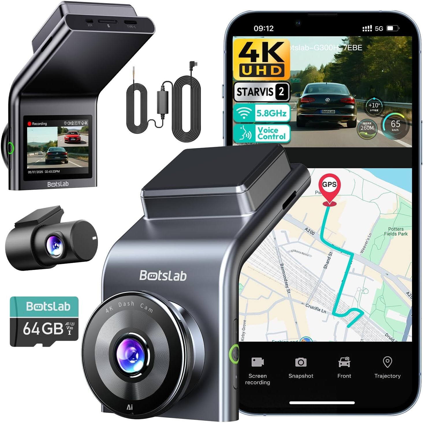 BOTSLAB Dashcam 4K + 1080p mit STARVIS 2 – inklusive Hardwire-Kit und 64-GB-Karte – Ansicht 1 BOTSLAB Dashcam 4K mit STARVIS 2 und Hardwire-Kit