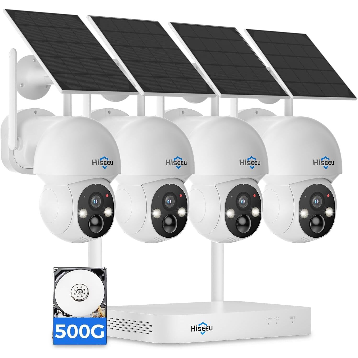 Hiseeu WK-4TD504 Solar-Kameraset 4er | 2K-PTZ, Akkubetrieb, Rekorder mit 500 GB – Ansicht 1 Hiseeu Solar-Kameraset: vier weisse Schwenkkameras mit aufgesetztem Solarpanel und der Funk-Rekorder mit Festplatte.