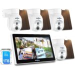Hiseeu Solar-Kameraset mit vier Aussenkameras samt Solarpanel und dem Rekorder mit 10-Zoll-Bildschirm.
