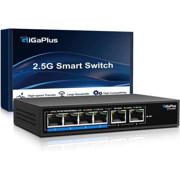 GiGaPlus S25-0402T Netzwerk-Switch im schwarzen Metallgehäuse mit vier 2.5G-Ports und zwei 10G-RJ45-Uplinks.