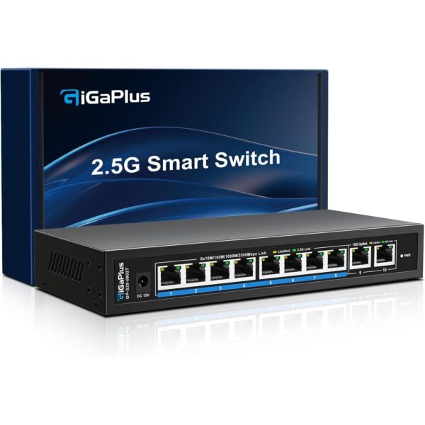 GiGaPlus S25-0802T Netzwerk-Switch im schwarzen Metallgehäuse mit acht 2.5G-Ports und zwei 10G-RJ45-Uplinks.