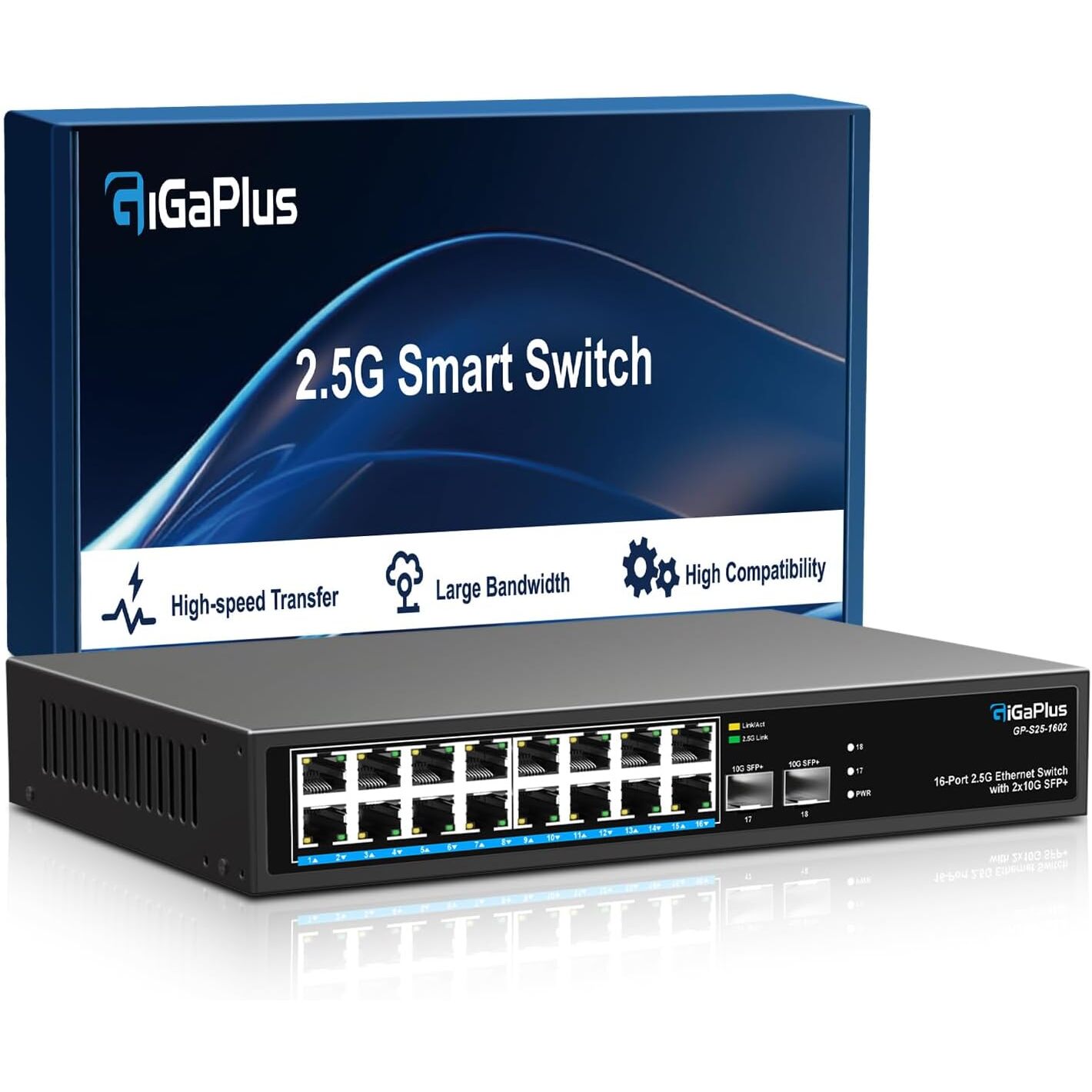 GiGaPlus S25-1602 Netzwerk-Switch | 16x 2.5G RJ45, 2x 10G SFP+, unmanaged, lüfterlos – Ansicht 1 GiGaPlus S25-1602 Netzwerk-Switch im schwarzen Metallgehäuse mit sechzehn 2.5G-RJ45-Ports und zwei 10G-SFP+-Steckplätzen.