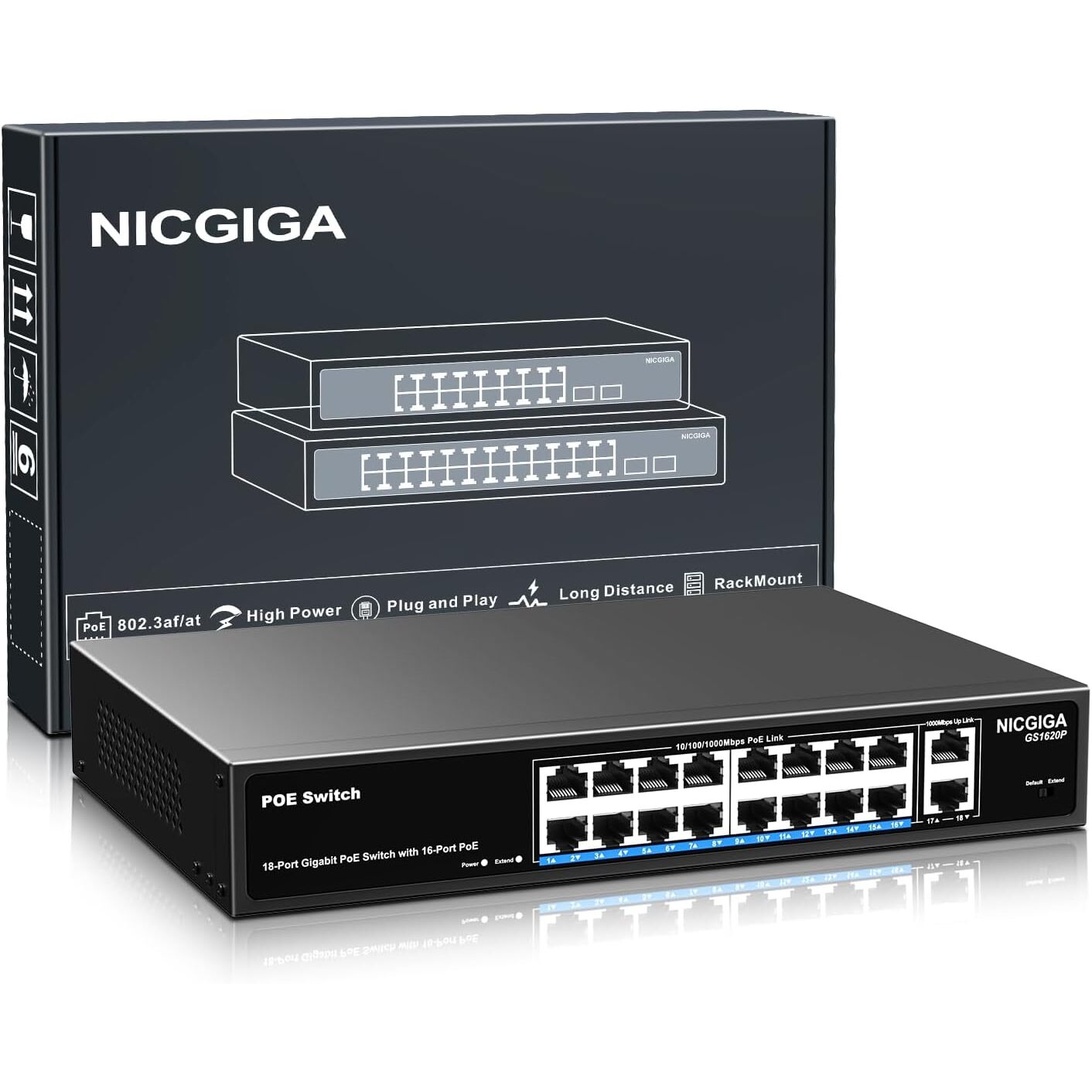 NICGIGA GS1620P PoE-Switch 16 Port | 250 W PoE+, 2 Uplink, VLAN-Modus, 19 Zoll – Ansicht 1 NICGIGA GS1620P PoE-Switch im 19-Zoll-Metallgehäuse mit 16 PoE-Ports und zwei Gigabit-Uplinks.