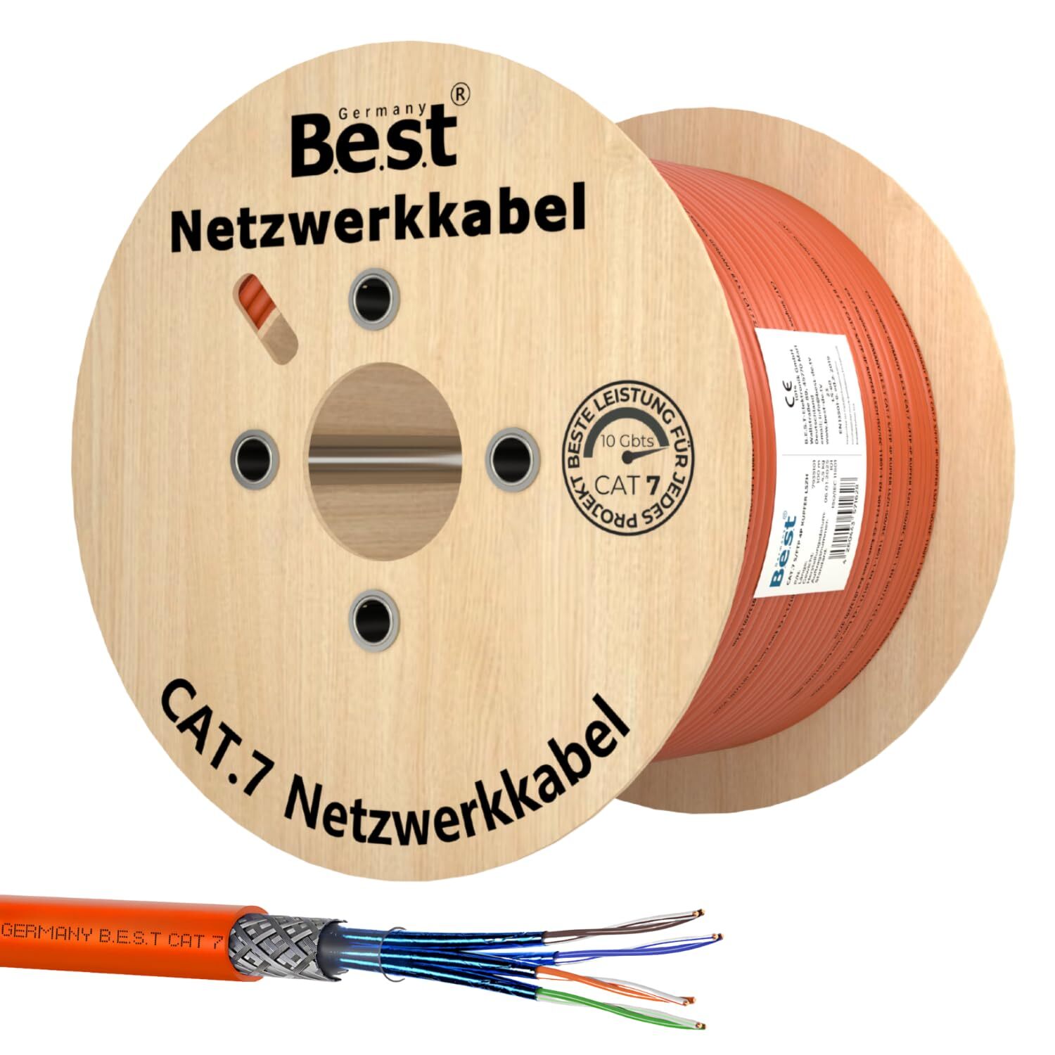 Germany B.e.s.t CAT 7 Verlegekabel 500 m | S/FTP PiMF, 1000 MHz, Kupferleiter – Ansicht 1 CAT-7-Verlegekabel S/FTP mit PiMF-Schirmung als 500-Meter-Ring für die feste Netzwerkverkabelung im Gebäude.