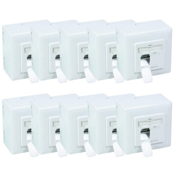 Geschirmte BIGtec Netzwerkdose CAT 6a in Signalweiss mit zwei RJ45-Buchsen, Schutzklappen und LSA-Anschluss.