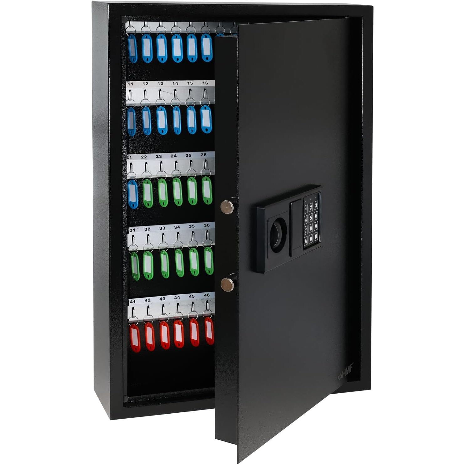 HMF 2100-02 Schlüsseltresor | 100 Haken, Zahlencode, Doppelbolzenverriegelung – Ansicht 1 Schwarzer HMF Schlüsseltresor 2100-02 mit elektronischem Zahlenschloss und Hakenleisten für 100 Schlüssel.