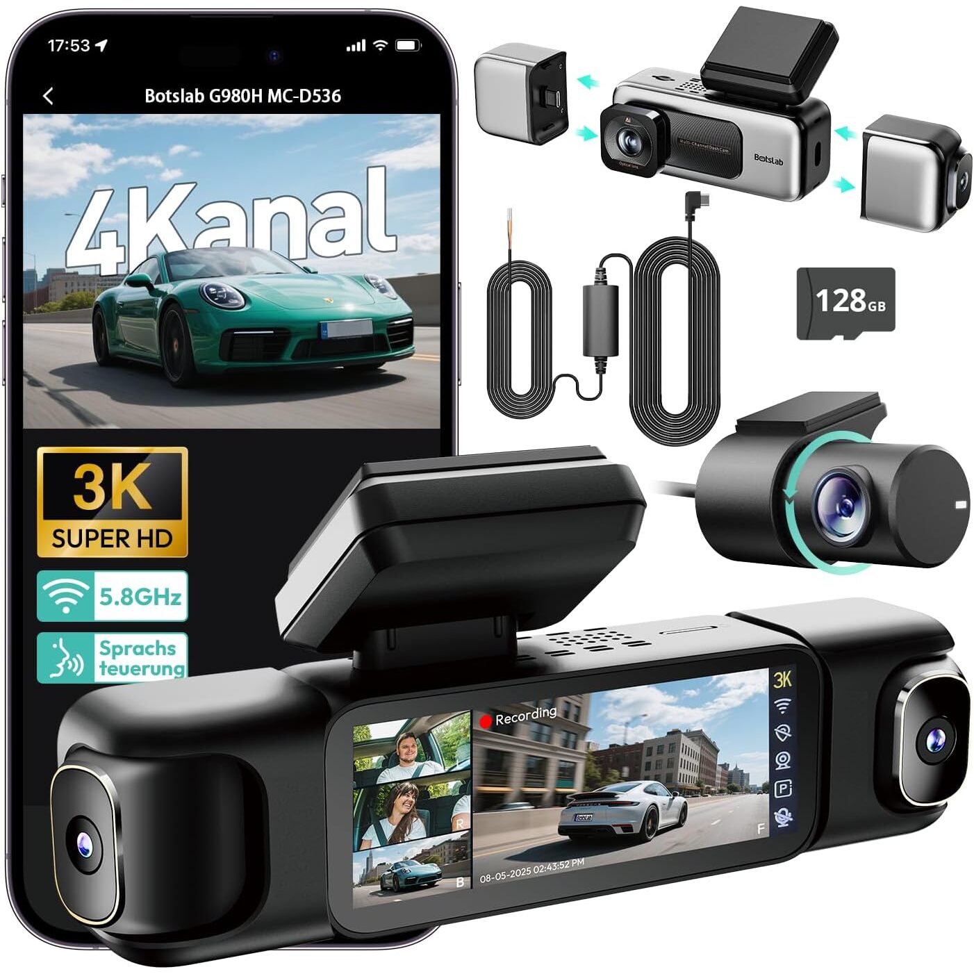 BOTSLAB 4-Kanal-Dashcam 3K + 3× 1080p – 560° Rundumsicht mit Hardwire-Kit – Ansicht 1 BOTSLAB 4-Kanal-Dashcam mit 560 Grad Rundumsicht