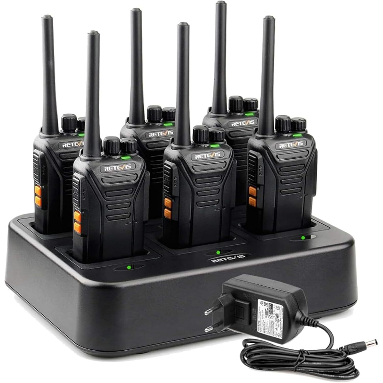 Retevis RT27 Funkgeräte 6er-Set | PMR446, 16 Kanäle, Sechs-Wege-Ladegerät – Ansicht 1 Sechs schwarze Retevis RT27 Handfunkgeräte mit Gürtelclips neben dem Sechs-Wege-Ladegerät.