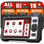 ANCEL FX6100 OBD2-Diagnosegerät mit 6,2-Zoll-Touchscreen und Diagnosekabel.