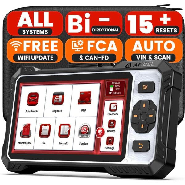 ANCEL FX6100 OBD2-Diagnosegerät mit 6,2-Zoll-Touchscreen und Diagnosekabel.