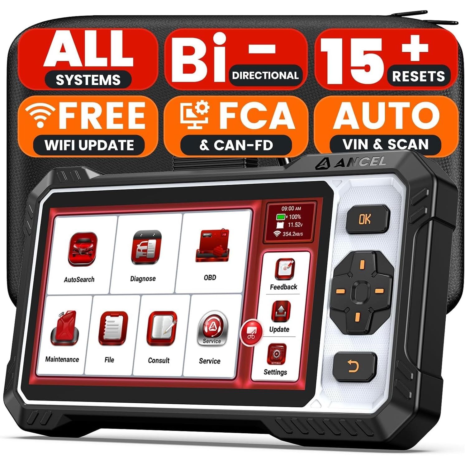 ANCEL FX6100 OBD2-Diagnosegerät | alle Systeme, bidirektionale Tests, 6,2-Zoll-Touchscreen – Ansicht 1 ANCEL FX6100 OBD2-Diagnosegerät mit 6,2-Zoll-Touchscreen und Diagnosekabel.