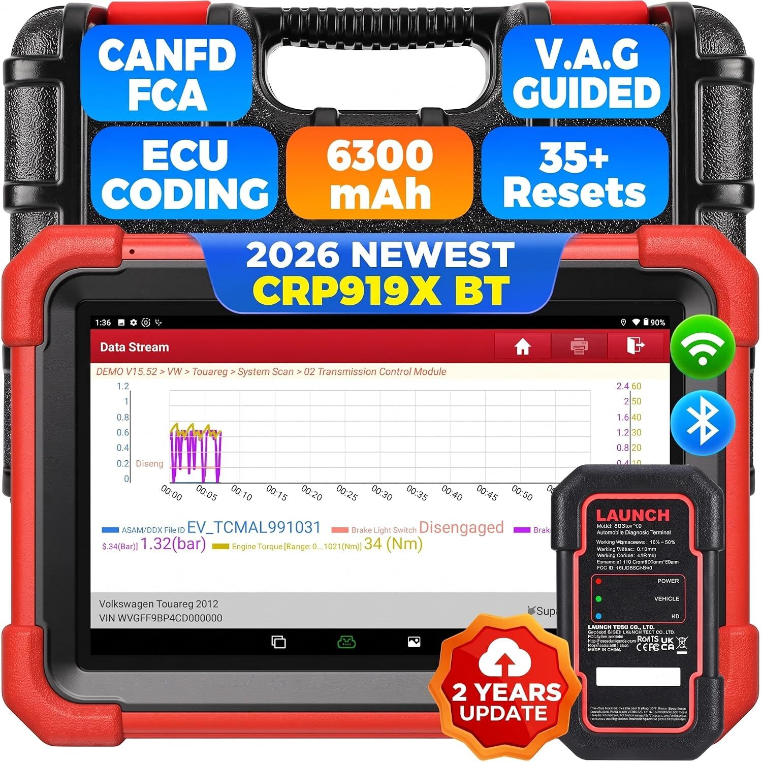 LAUNCH X431 CRP919X BT Diagnosegerät | Bluetooth-VCI, ECU-Codierung, 7-Zoll-Display – Ansicht 1 LAUNCH X431 CRP919X BT Diagnosetablet mit 7-Zoll-Display und DBSCar-VII-Bluetooth-Stecker.
