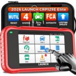 LAUNCH CRP129E V2.0 OBD2-Diagnosegerät mit 5-Zoll-Touchscreen und Diagnosekabel.