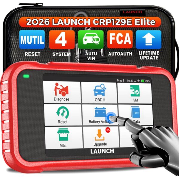 LAUNCH CRP129E V2.0 OBD2-Diagnosegerät mit 5-Zoll-Touchscreen und Diagnosekabel.