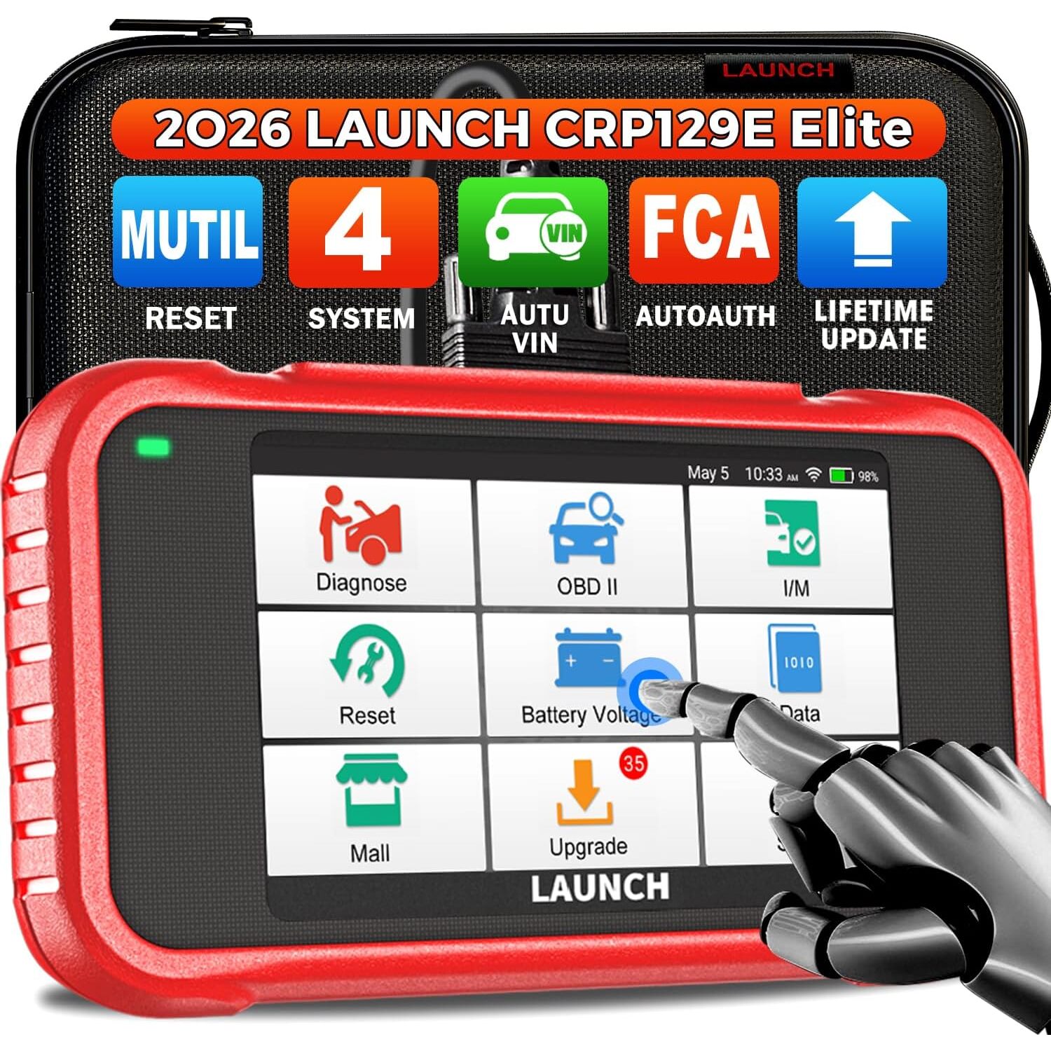 LAUNCH CRP129E V2.0 OBD2-Diagnosegerät | 4 Systeme, 12 Reset-Funktionen, 5-Zoll-Touchscreen – Ansicht 1 LAUNCH CRP129E V2.0 OBD2-Diagnosegerät mit 5-Zoll-Touchscreen und Diagnosekabel.