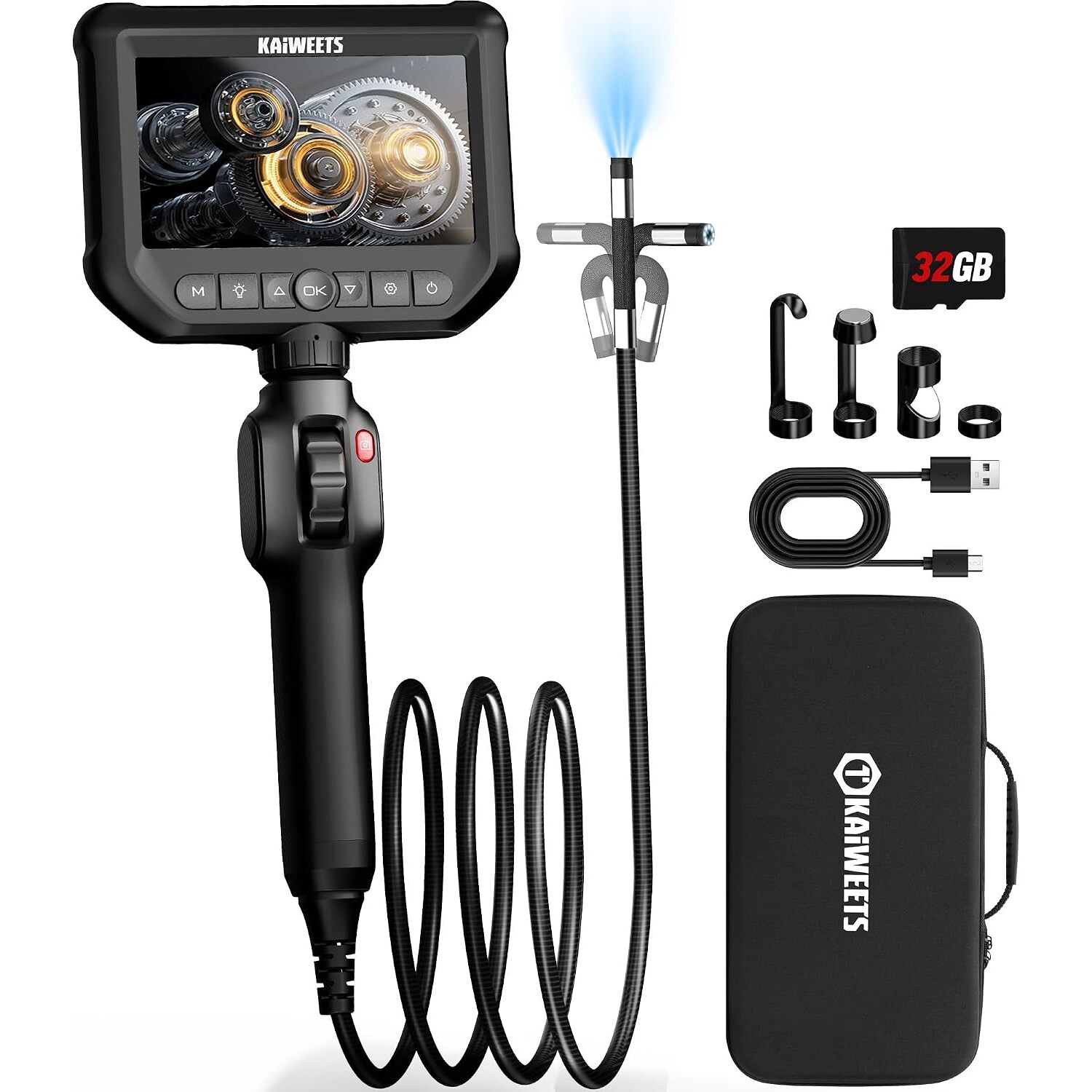 KAIWEETS Endoskopkamera 8 mm | 4,3-Zoll-IPS-Display, 210°-Gelenk, IP67-Sonde – Ansicht 1 KAIWEETS Endoskopkamera mit 4,3-Zoll-Display, aufgerolltem 1,5-Meter-Schlangenrohr und 8-mm-Kamerakopf.