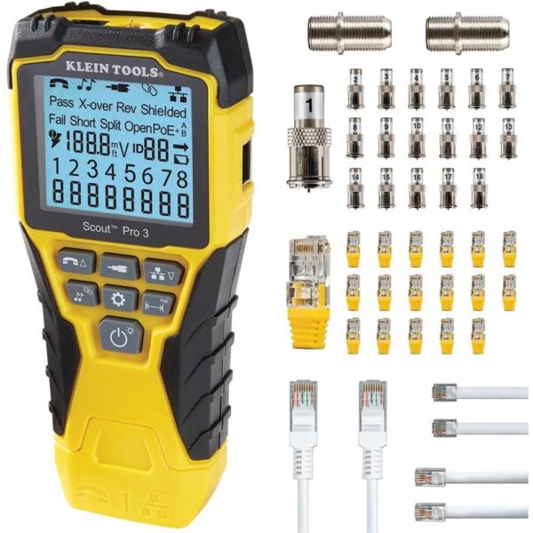 Klein Tools VDV Scout Pro 3 Prüfgerät mit Test- und Map-Remote, Locator-Remotes und Tragetasche.