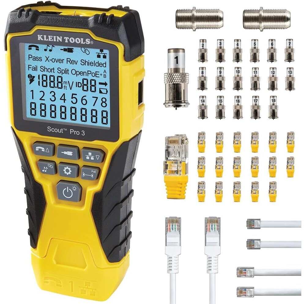 Klein Tools VDV501-852 Kabeltester | VDV Scout Pro 3 Kit, PoE-Test, Länge bis 610 m – Ansicht 1 Klein Tools VDV Scout Pro 3 Prüfgerät mit Test- und Map-Remote, Locator-Remotes und Tragetasche.